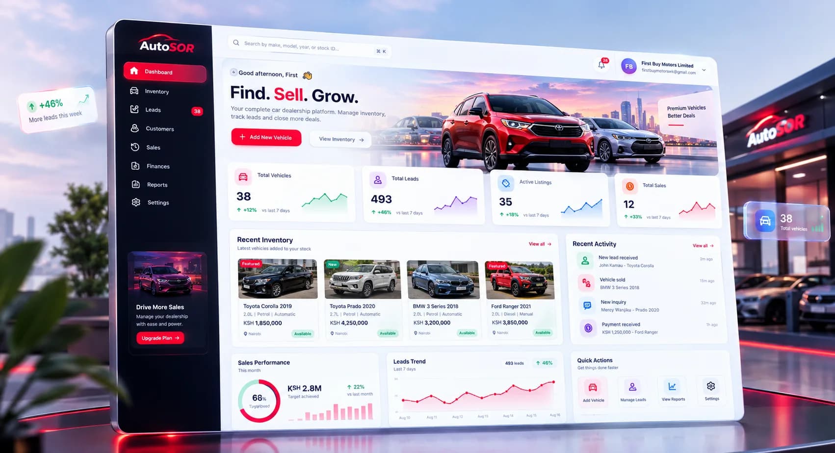 AutoSOR dealership dashboard — inventory, leads, sales and live valuations in one view